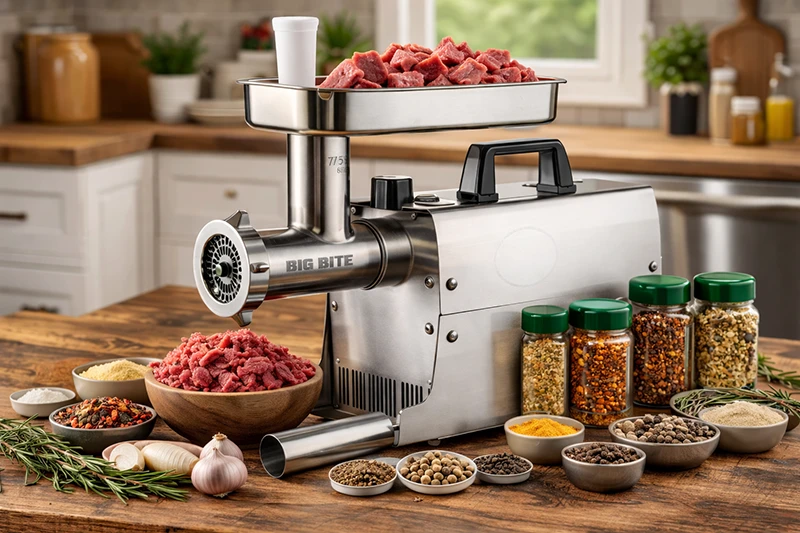 LEM grinder on kitchen counter with spices for sausages