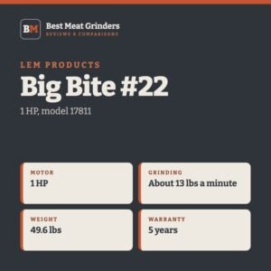 Best Meat Grinder Reviews 9 LEM Products Big Bite #22 spec card: motor 1 HP; grinding about 13 lbs a minute; weight 49.6 lbs; warranty 5 years