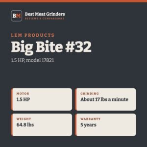 Best Meat Grinder Reviews 1 LEM Products Big Bite #32 spec card: motor 1.5 HP; grinding about 17 lbs a minute; weight 64.8 lbs; warranty 5 years